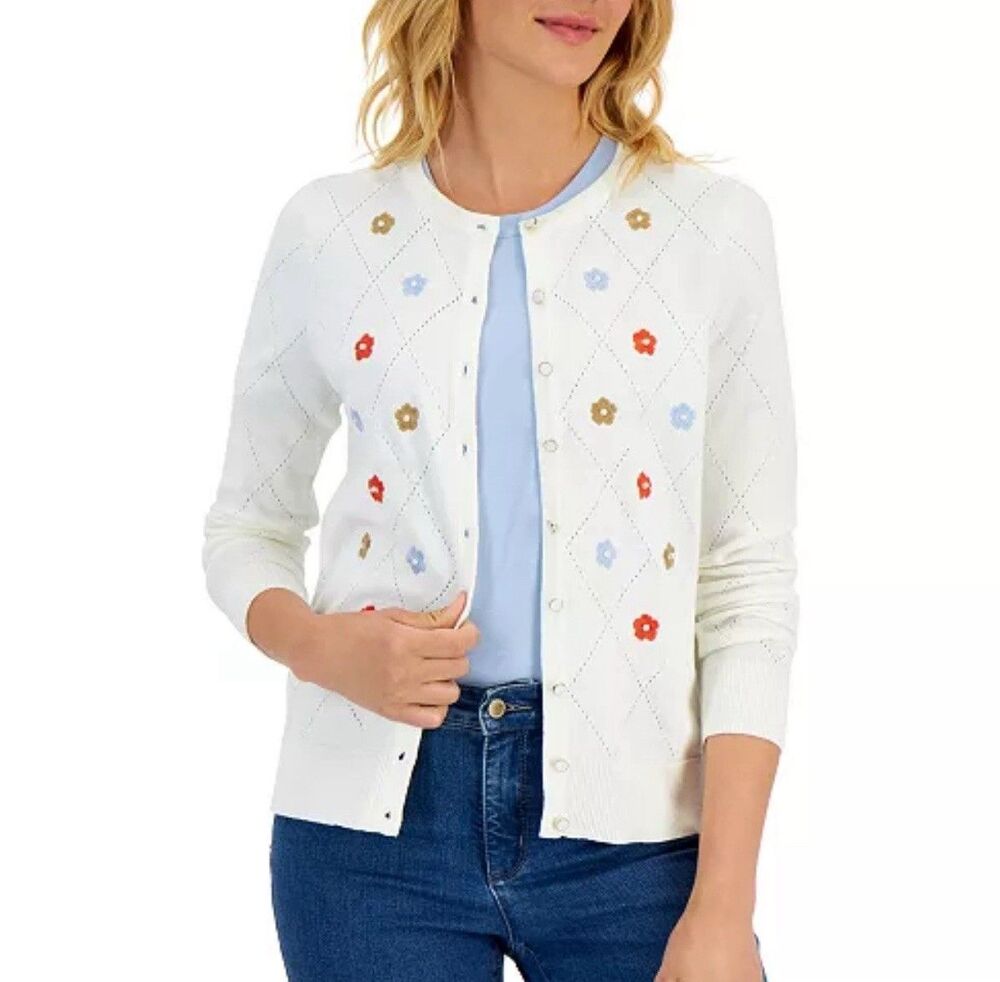 Charter Club Embroidery Flower Faux Pearl Argyle Cardigan Sz L